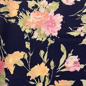 Vintage Floral Patterned Fabric- pink roses & yellow carnations on navy